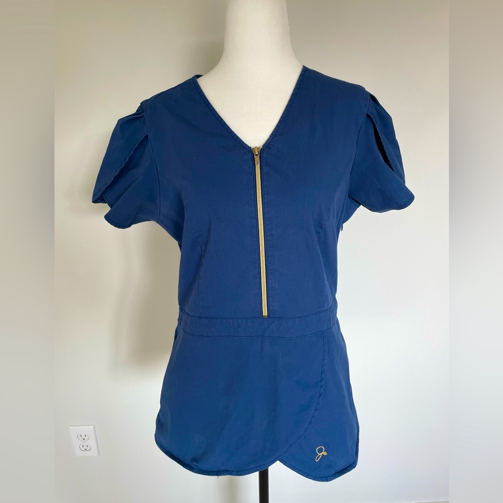Jaanuu Peplum Blue Front Zip Scrub Top - Size Medium